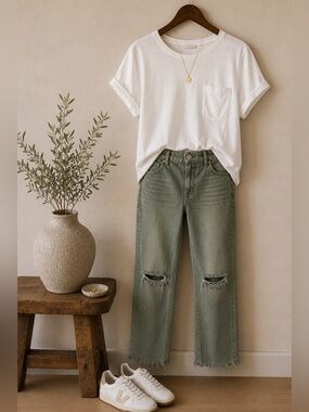 V.I.P. Sage Green Distressed Straight Leg Jeans | Size 13/31